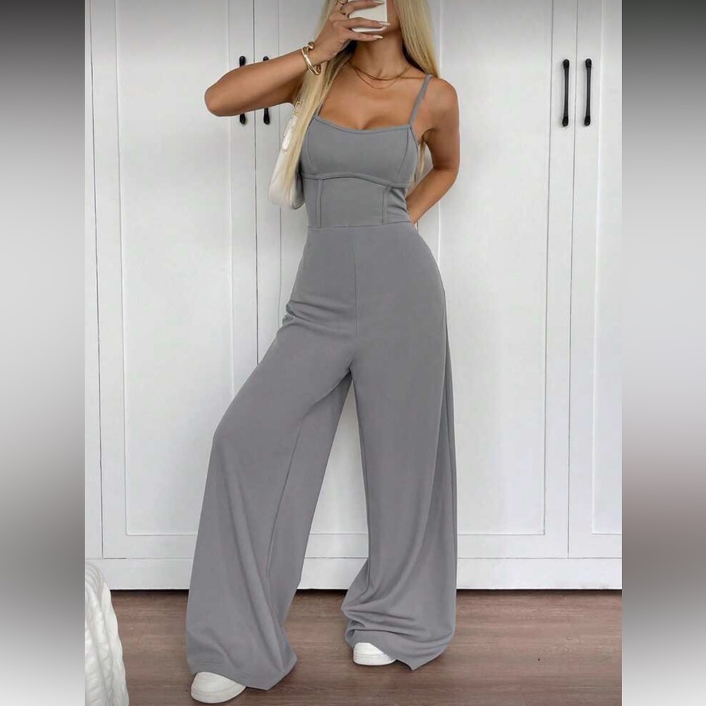 Gray Jumpsuit sporty style stitch casual one piece wide leg - Picture 4 of 4